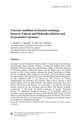 Current Condition of Tourism Exchange Between Taiwan and Hokuriku District and Its Promotive Measure