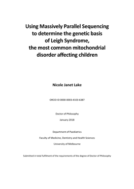 Using Massively Parallel Sequencing to Determine the Genetic Basis of Leigh Syndrome, the Most Common Mitochondrial Disorder Affecting Children