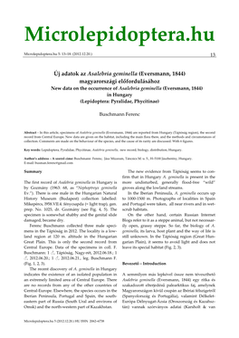 Eversmann, 1844) Magyarországi Előfordulásához New Data on the Occurrence of Asalebria Geminella (Eversmann, 1844) in Hungary (Lepidoptera: Pyralidae, Phycitinae)