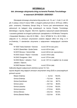 INFORMACJA Dot. Zimowego Utrzymania Dróg Na Terenie Powiatu Toruńskiego W Sezonach 2019/2020 I 2020/2021