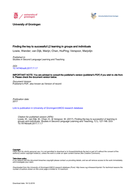 Finding the Key to Successful L2 Learning in Groups and Individuals Lowie, Wander; Van Dijk, Marijn; Chan, Huiping; Verspoor, Marjolijn