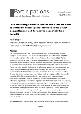 It Is Not Enough We Have Lost the War – Now We Have to Watch It!” Cinemagoers’ Attitudes in the Soviet Occupation Zone of Germany (A Case Study from Leipzig)