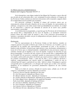 11- PROCLAMA DE LA INDEPENDENCIA Redactor Del Congreso Nacional 1816 N°