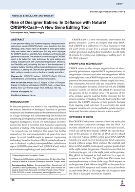 Rise of Designer Babies: in Defiance with Nature! CRISPR-Cas9—A New Gene Editing Tool 1Simranpreet Kaur, 2Madhu Nagpal