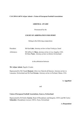 CAS 2016/A/4676 Arijan Ademi V. Union of European Football Associations