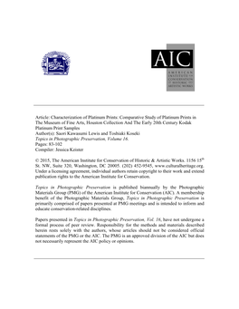 Article: Characterization of Platinum Prints: Comparative Study Of