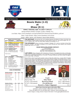 Bowie State (1-0) at Shaw (0-1) GAME 2: Saturday, Sept