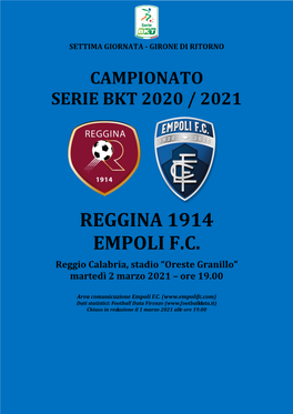 Cartella Stampa Reggina-Empoli – 26° Giornata Serie B