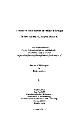 Studies on the Induction of Variation Throughin Vitro Culture in Jatropha