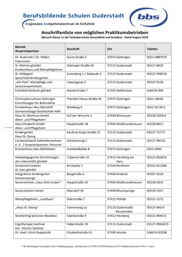 Anschriftenliste Von Möglichen Praktikumsbetrieben (Besuch Klasse 11 Der Fachoberschule Gesundheit Und Soziales) - Stand August 2018