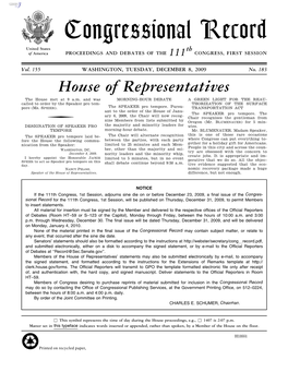 Congressional Record United States Th of America PROCEEDINGS and DEBATES of the 111 CONGRESS, FIRST SESSION