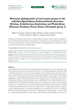 ﻿Molecular Phylogenetics of Cool-Season Grasses in the Subtribes Agrostidinae, Anthoxanthinae, Aveninae, Brizinae, Calothecina