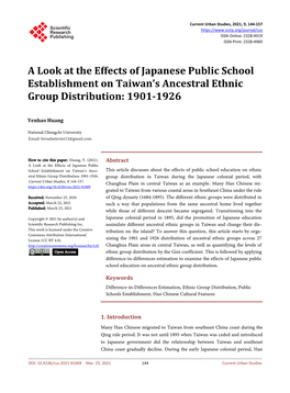A Look at the Effects of Japanese Public School Establishment on Taiwan’S Ancestral Ethnic Group Distribution: 1901-1926