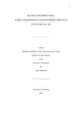 Women and Representations of Respectability in Lyttelton 1851-1893