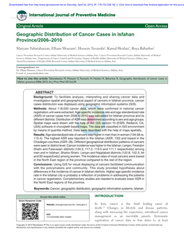 Geographic Distribution of Cancer Cases in Isfahan Province/2006–2010 Maryam Tabatabaeian, Elham Moazam1, Hossein Tavazohi2, Kamal Heidari3, Roya Baharloo2