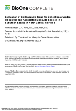 Evaluation of Six Mosquito Traps for Collection of Aedes Albopictus and Associated Mosquito Species in a Suburban Setting in North Central Florida 1