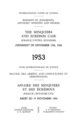 THE MINQUIERS and ECREHOS CASE (FRANCE / UNITED KINGDOM) JUDGMENT of NOVEMBER 17Th, 1953