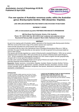 Five New Species of Australian Venomous Snake, Within the Australian Genus Brachyurophis Günther, 1863 (Serpentes: Elapidae)