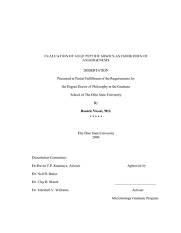 Evaluation of Vegf Peptide Mimics As Inhibitors of Angiogenesis
