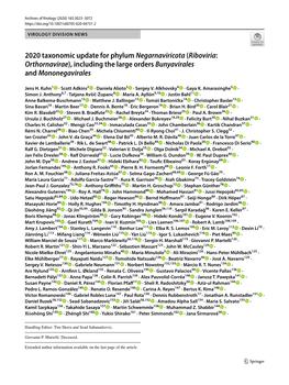 2020 Taxonomic Update for Phylum Negarnaviricota (Riboviria: Orthornavirae), Including the Large Orders Bunyavirales and Mononegavirales