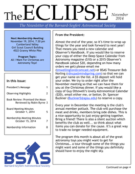 November 2014 the Newsletter of the Barnard-Seyfert Astronomical Society