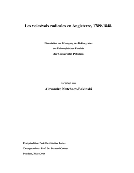 Les Voies/Voix Radicales En Angleterre, 1789-1848