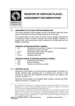 Register of Heritage Places - Assessment Documentation