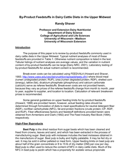 By-Product Feedstuffs in Dairy Cattle Diets in the Upper Midwest