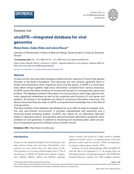 Virusite—Integrated Database for Viral Genomics Matej Stano, Gabor Beke and Lubos Klucar*