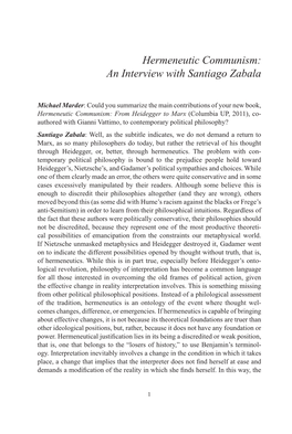 Hermeneutic Communism: an Interview with Santiago Zabala