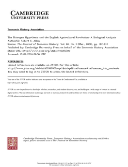The Nitrogen Hypothesis and the English Agricultural Revolution: a Biological Analysis Author(S): Robert C