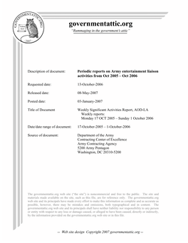 Periodic Reports on Army Entertainment Liaison Activities from Oct 2005 – Oct 2006