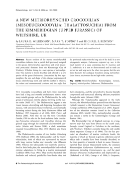 A NEW METRIORHYNCHID CROCODILIAN (MESOEUCROCODYLIA: THALATTOSUCHIA) from the KIMMERIDGIAN (UPPER JURASSIC) of WILTSHIRE, UK by LAURA E