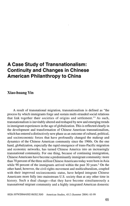 A Case Study of Transnationalism: Continuity and Changes in Chinese American Philanthropy to China