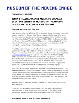 Jerry Stiller and Anne Meara to Speak at Event Presented by Museum of the Moving Image and the Comedy Hall of Fame