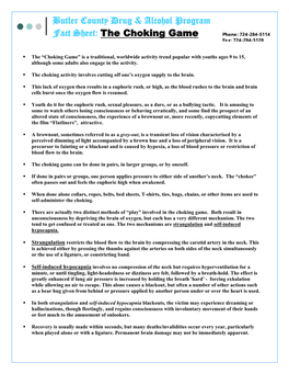 Butler County Drug & Alcohol Program Fact Sheet: the Choking Game