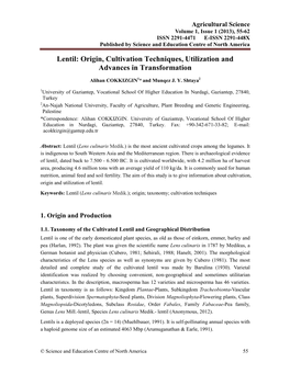 Lentil: Origin, Cultivation Techniques, Utilization and Advances in Transformation