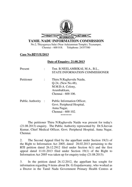 TAMIL NADU INFORMATION COMMISSION No.2, Thiyagaraya Salai (Near Aalaiamman Temple), Teynampet, Chennai – 600 018