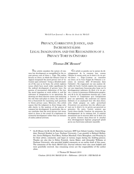 Privacy, Corrective Justice, and Incrementalism: Legal Imagination and the Recognition of a Privacy Tort in Ontario