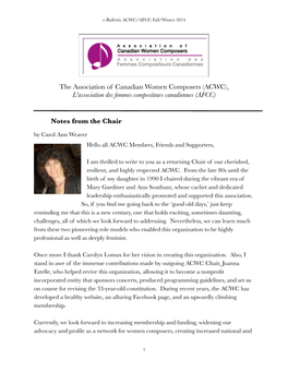 The Association of Canadian Women Composers (ACWC), L'association Des Femmes Compositeurs Canadiennes (AFCC) Notes from the Chai