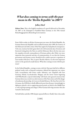 What Does Coming to Terms with the Past Mean in the 'Berlin Republic' in 2007?