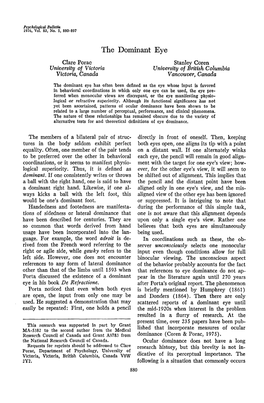 The Dominant Eye Clare Porac Stanley Coren University of Victoria University of British Columbia Victoria, Canada Vancouver, Canada