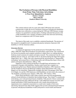 The Exclusion of Persons with Physical Disabilities from Prime Time Television Advertising: a Two-Year Quantitative Analysis Dennis J