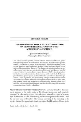 Toward Historicizing Gender in Polynesia: on Vilsoni Hereniko's Woven Gods and Regional Patterns