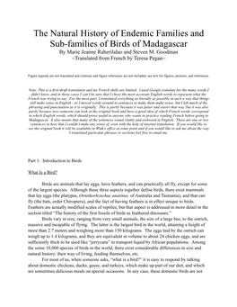 The Natural History of Endemic Families and Subfamilies of Birds of Madagascar