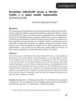 Tecuichpo Ixtlaxóchitl Acusa a Hernán Cortés Y a Quien Resulte Responsable (Primera Parte) Antonio Salcedo Flores*