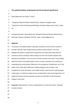 1 the Palatal Dentition of Tetrapods and Its Functional Significance 1 2 3