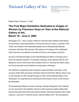 The First Major Exhibition Dedicated to Images of Women by Francisco Goya on View at the National Gallery of Art, March 10 - June 2, 2002