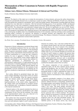 Microanalysis of Root Cementum in Patients with Rapidly Progressive Periodontitis Soliman Amro, Hisham Othman, Mohammed Al Zahrani and Wael Elias