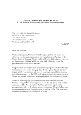 The Honorable Mr. Donald J. Trump President of the United States the White House 1600 Pennsylvania Ave NW, Washington, DC 20500, USA April 2017